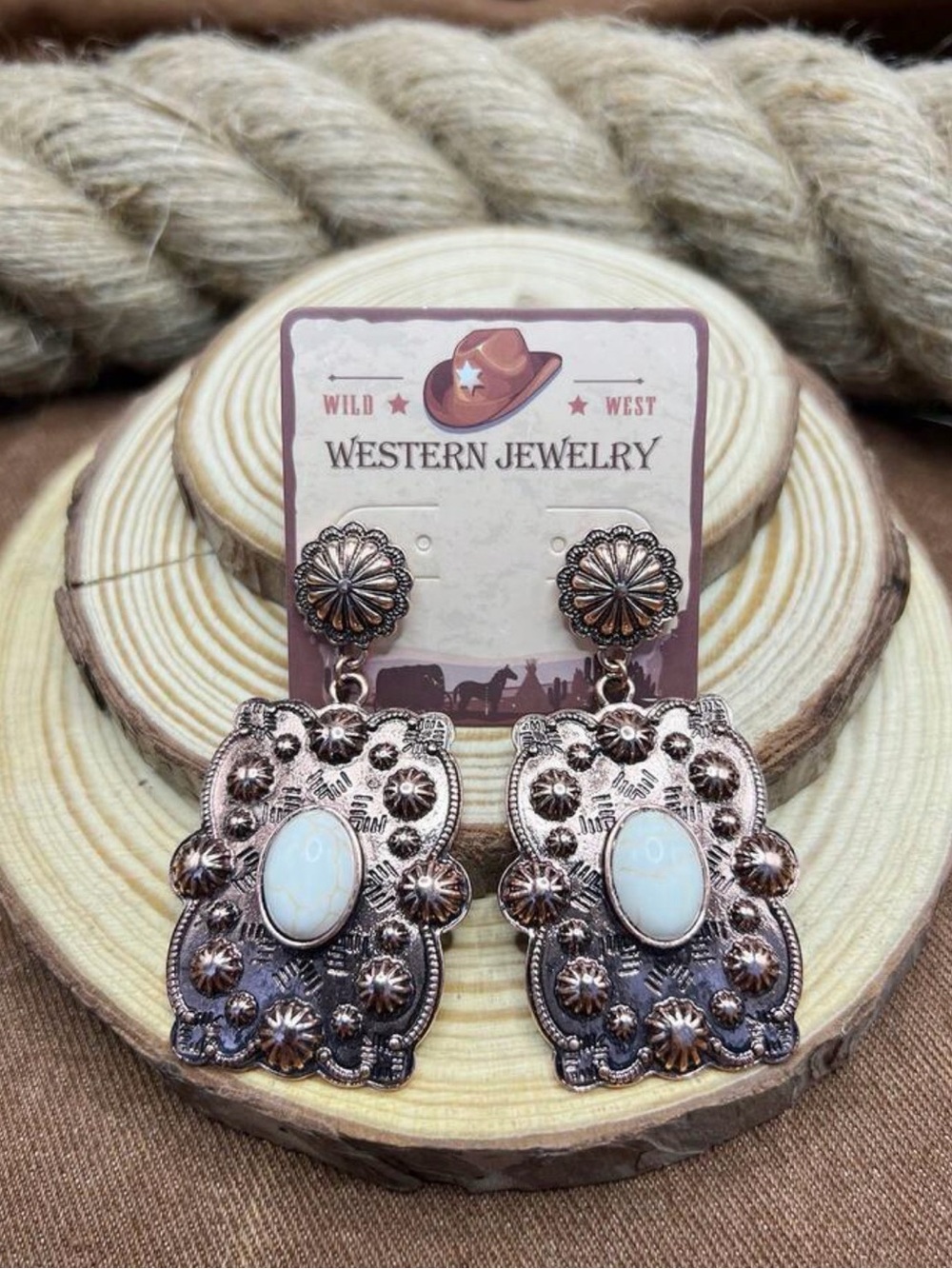 Western Earrings Copper Rose Gold Concho Drop Earrings with White Stone